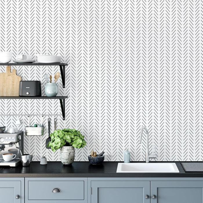 Black And White Peel And Stick Wallpaper Modern Herringbone Design