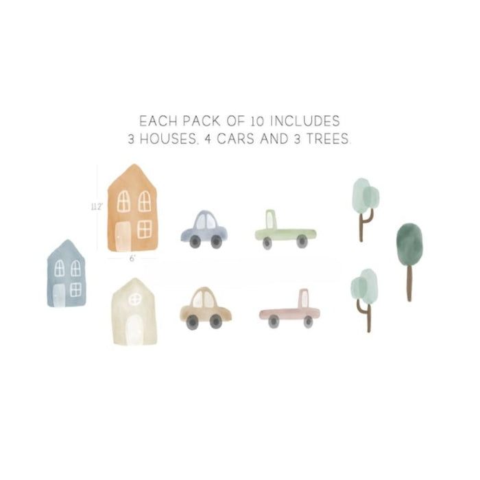 Neutral Village And Vehicles Printed Removable Wall Decals
