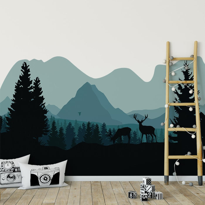 Green Forest Deers Cartoon Wall