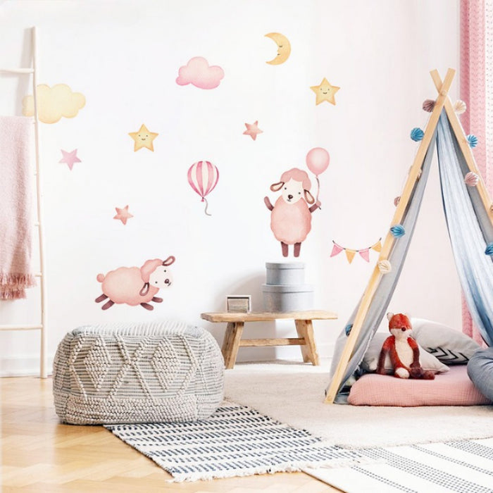 Pink Sheep Balloon Clouds Wall Stickers