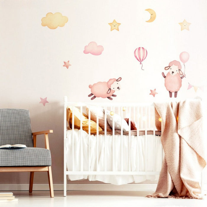 Pink Sheep Balloon Clouds Wall Stickers