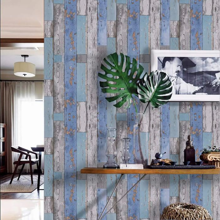 Decorative Blue Distressed Wood Peel And Stick Wallpaper