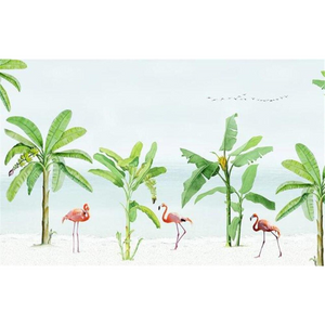 Seaside Banana Leaf Flamingo Scenery Wallpaper