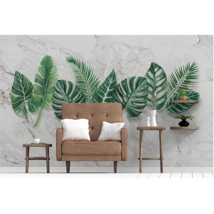 Modern Minimalist Marble with Tropical Leaves Wallpaper