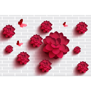 Simple White & Grey Brick Wall With Flower Petals Wallpaper