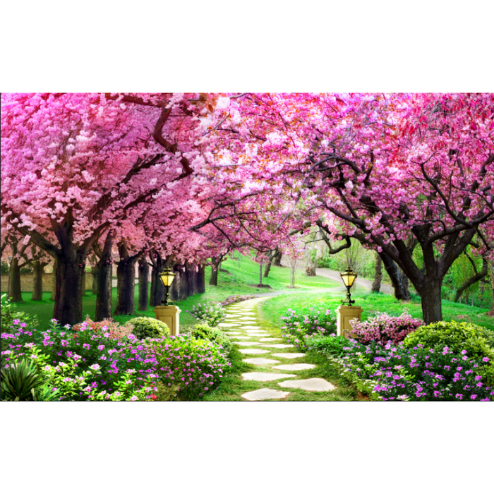 Wonderful Pink Tree Natural Walkway Wallpaper