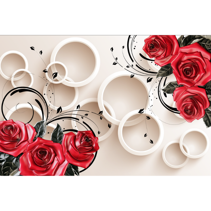 Circular White Shape & Red Roses Abstract Wallpaper