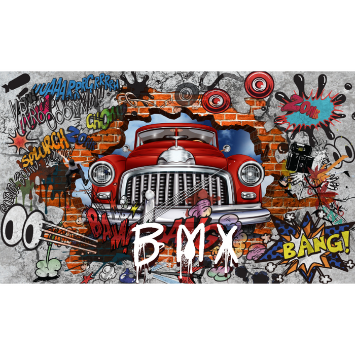 Retro Car Breaking Graffiti Brick Wallpaper