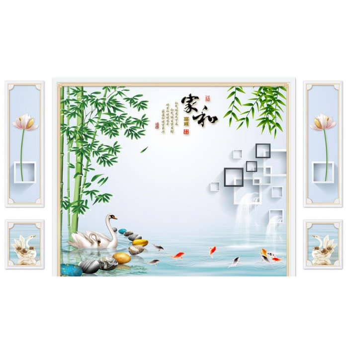 Japanese Swan & Bamboo Harmony Pond Wallpaper