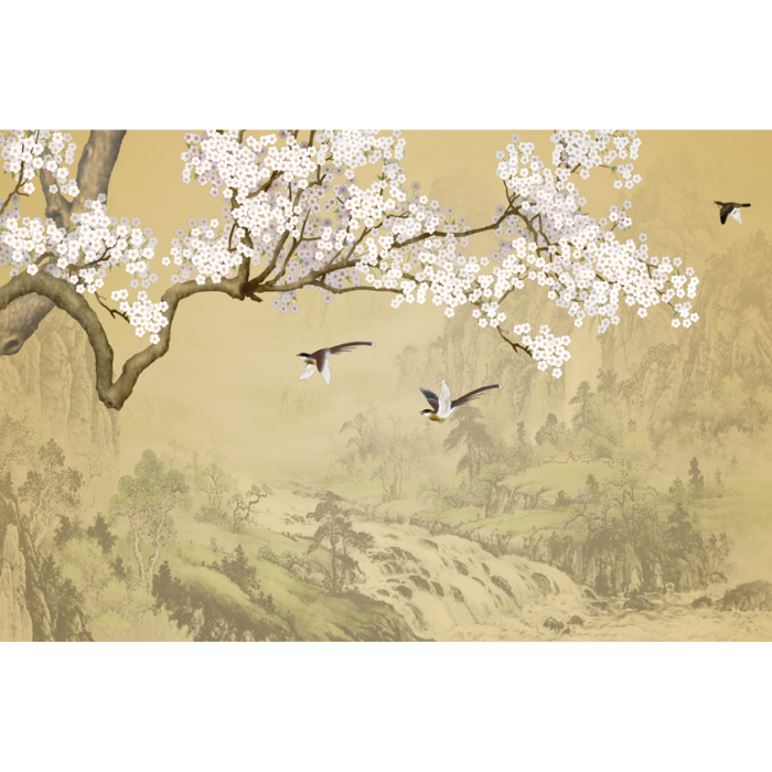 Japanese White-Flowered Tree On A Mountain Range Wallpaper
