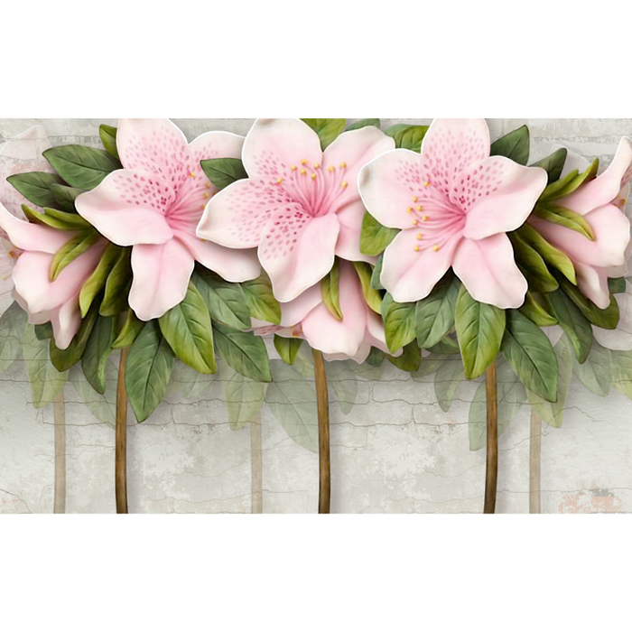 Simplistic Grey Brick & Pink Flowers Wallpaper