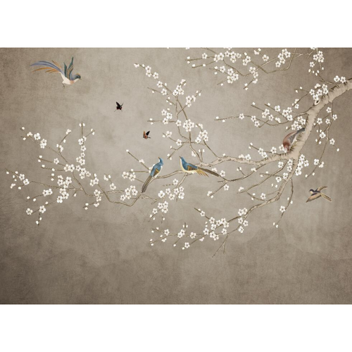 Simplistic Japanese Wildflower Tree & Birds Wallpaper