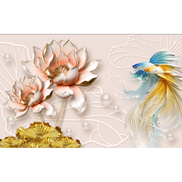 Long-Flowing Fish & Luxury Flower Wallpaper
