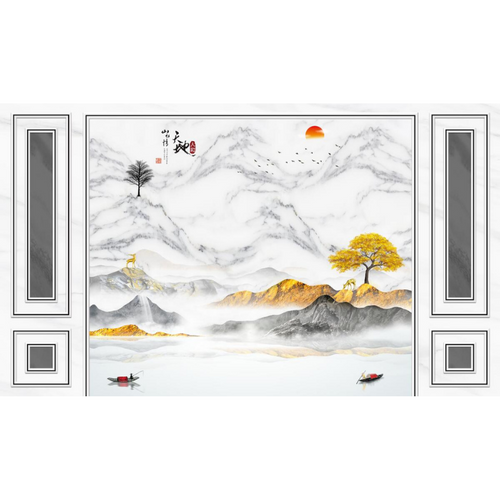 Asian-Inspired Mountain Range & Lake Scenery Wallpaper