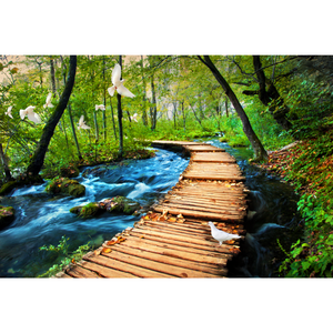 Beautiful Wooden Path On Flowing River Wallpaper