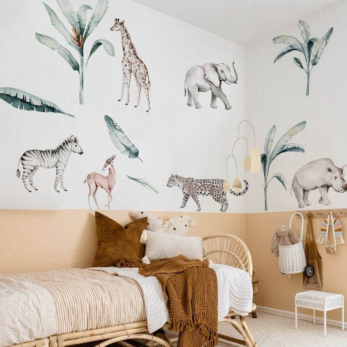 Wild Animals Tropical Tree Watercolor Wall Sticker