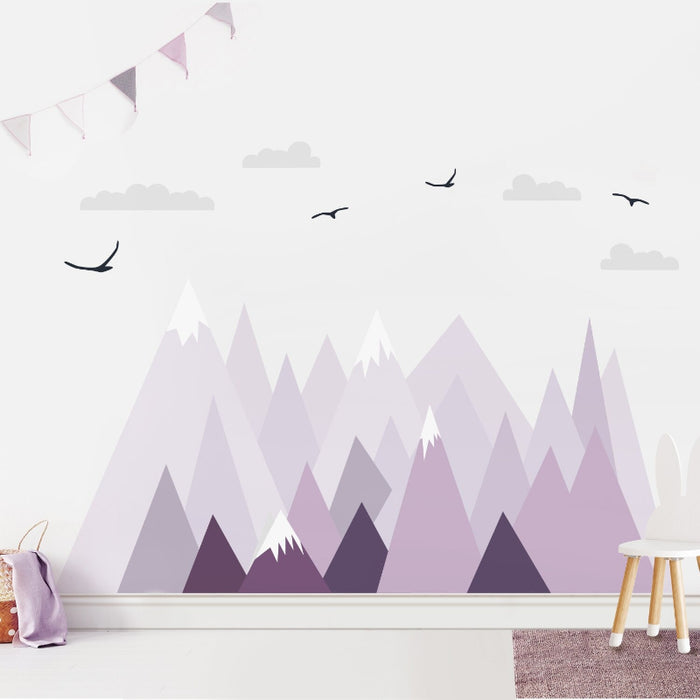 Cartoon Big Size Violet Triangle Mountains Birds Wall Sticker