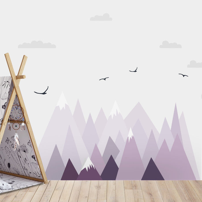 Cartoon Big Size Violet Triangle Mountains Birds Wall Sticker