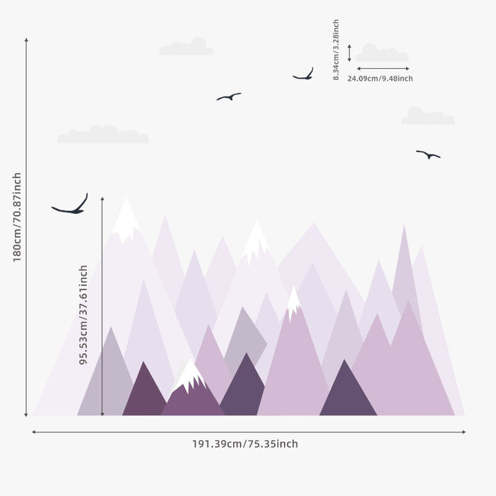 Cartoon Big Size Violet Triangle Mountains Birds Wall Sticker