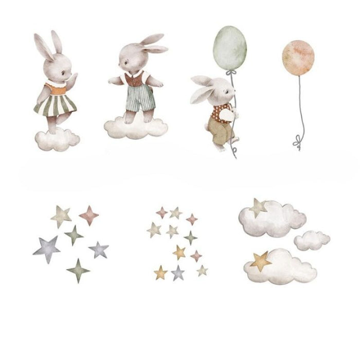 Cartoon Bunny Moon and Stars Wall Stickers