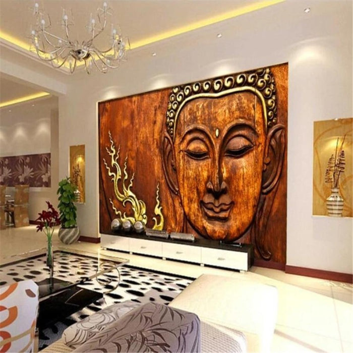 3D Buddha Statue Wood Carving Peel And Stick Wallpaper