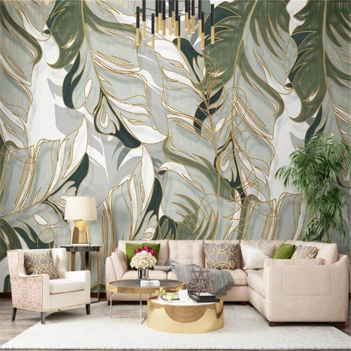 Tropical Leaves with Gold Accents Wallpaper