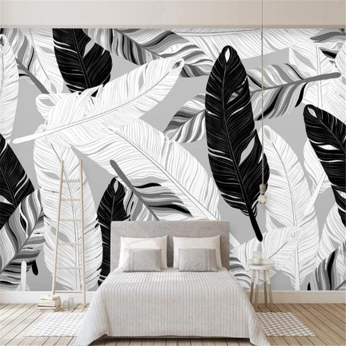 Modern Minimalist Black and White Hand-Painted Feather Wallpaper