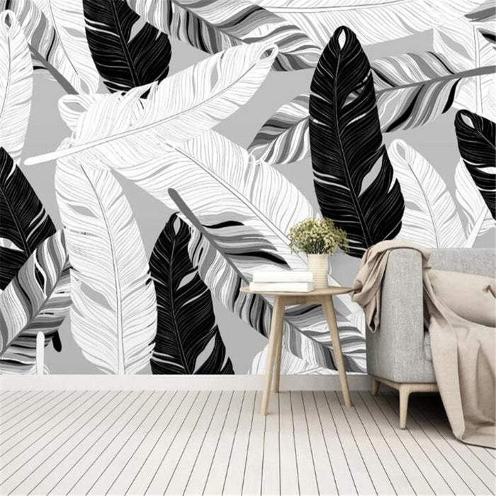 Modern Minimalist Black and White Hand-Painted Feather Wallpaper