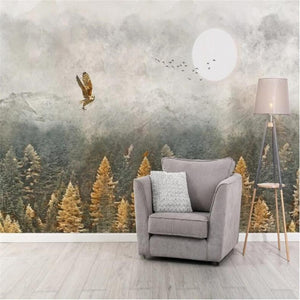 Flying Birds In Foggy Forest Wallpaper