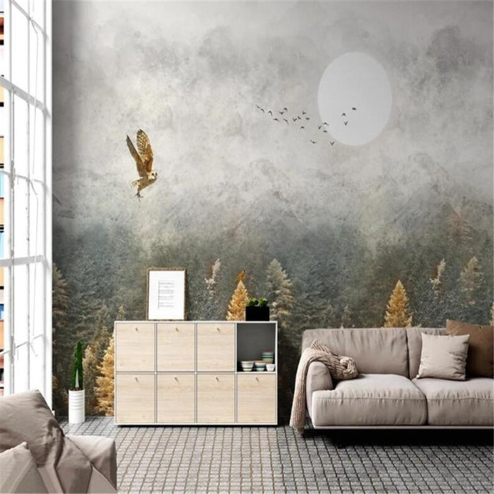 Flying Birds In Foggy Forest Wallpaper