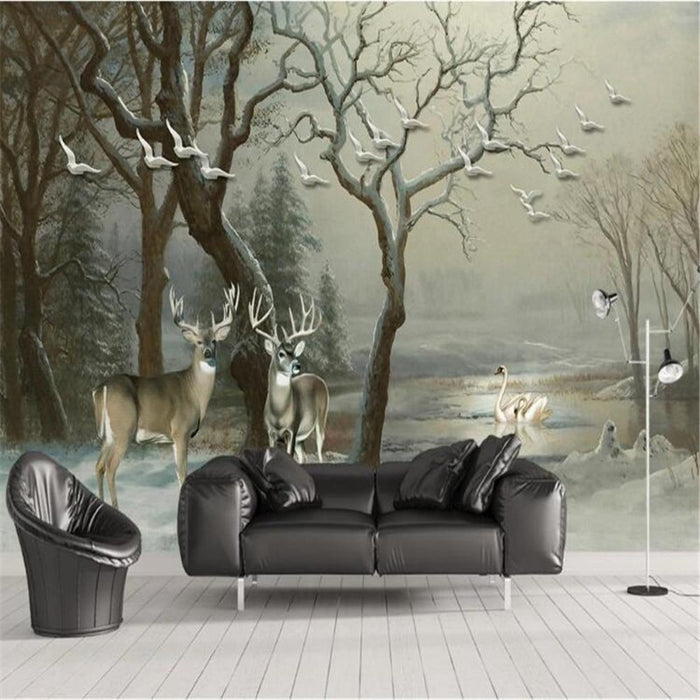 Hand-Painted Pastoral Deer Scenery Wallpaper