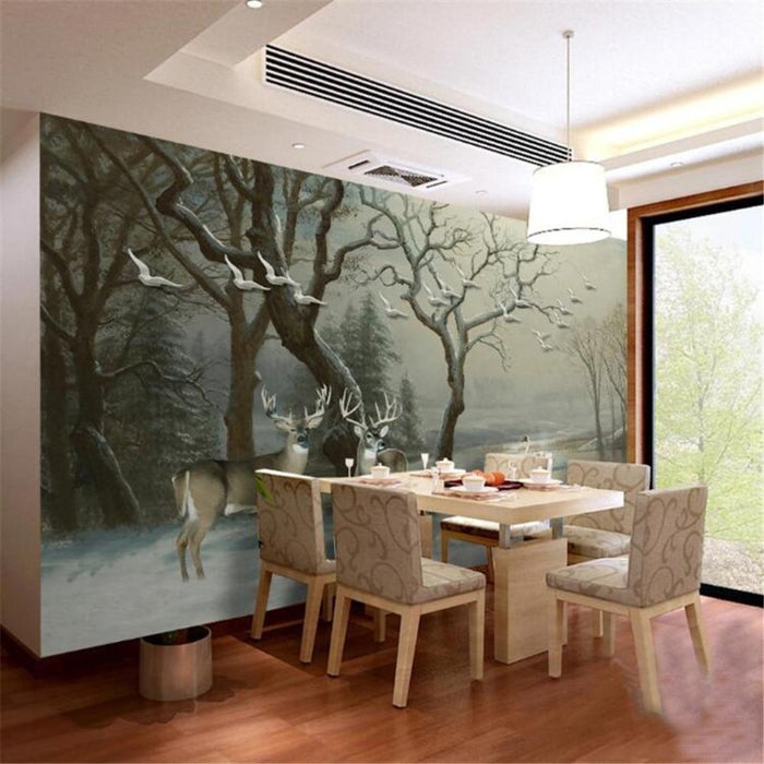 Hand-Painted Pastoral Deer Scenery Wallpaper