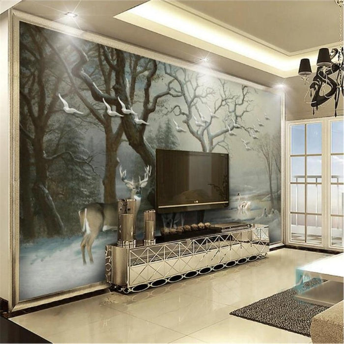 Hand-Painted Pastoral Deer Scenery Wallpaper