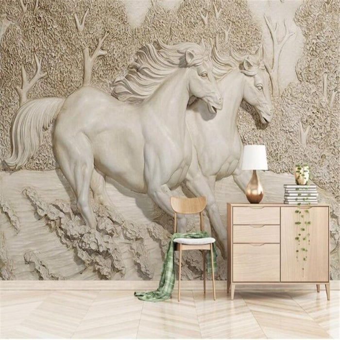 3D White Horse Peel And Stick Wallpaper
