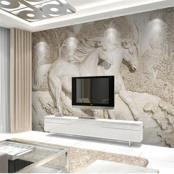 3D White Horse Peel And Stick Wallpaper