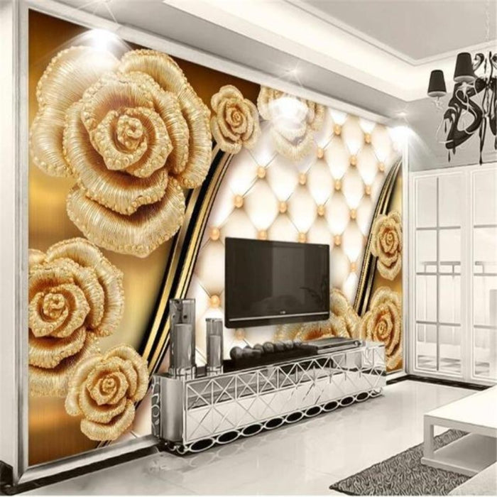 3D European-style Luxury Golden Rose Wallpaper