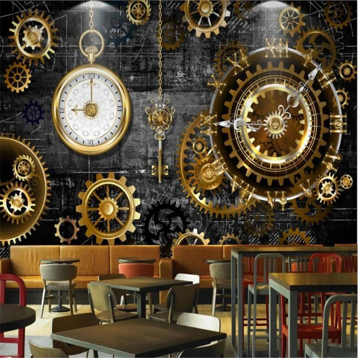 European and American Industrial Golden Gear Clock Wallpaper