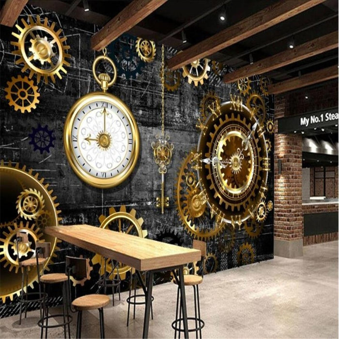 European and American Industrial Golden Gear Clock Wallpaper