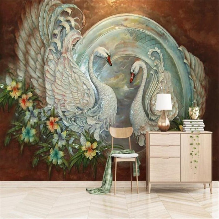 3D Swan On Flower Wallpaper