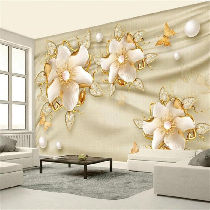 European 3D Luxury Golden Silk Jewelry Flower Wallpaper