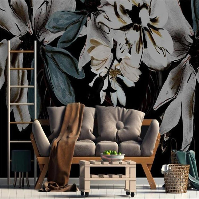 Minimalist Hand-Painted Black Flower Abstract Wallpaper