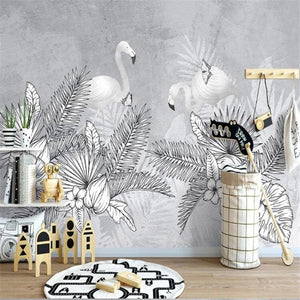 Hand-Painted Flamingo Flower Plant Arrangement Scenery Wallpaper