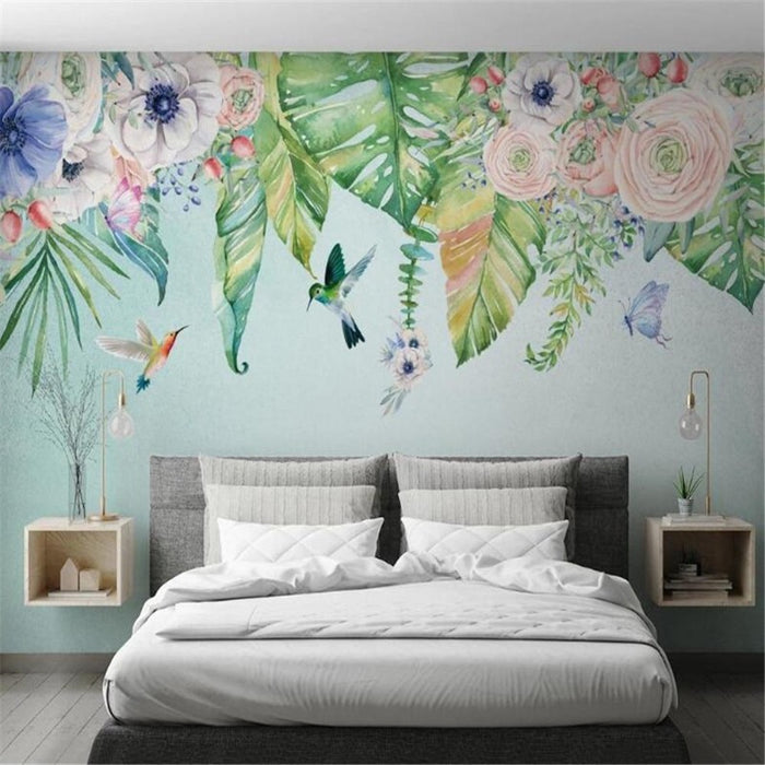 Hand-Painted Tropical Plant & Flower Arrangement Wallpaper