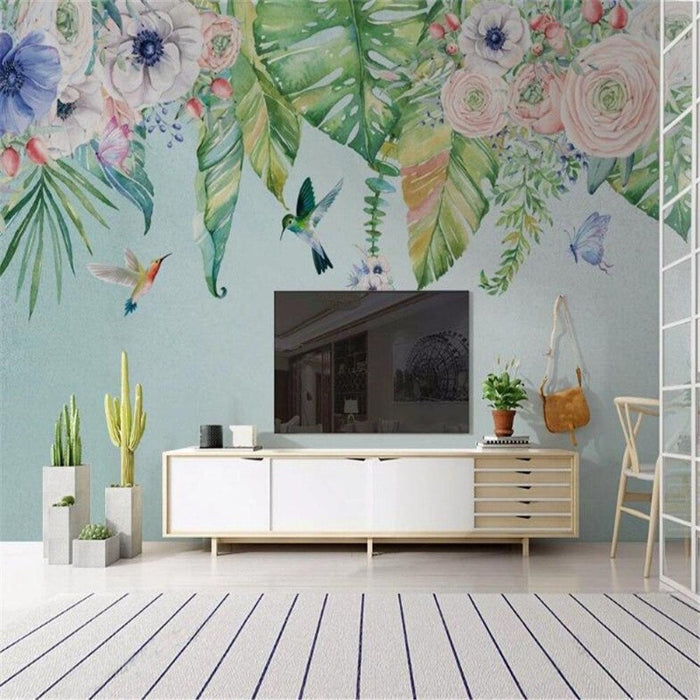 Hand-Painted Tropical Plant & Flower Arrangement Wallpaper