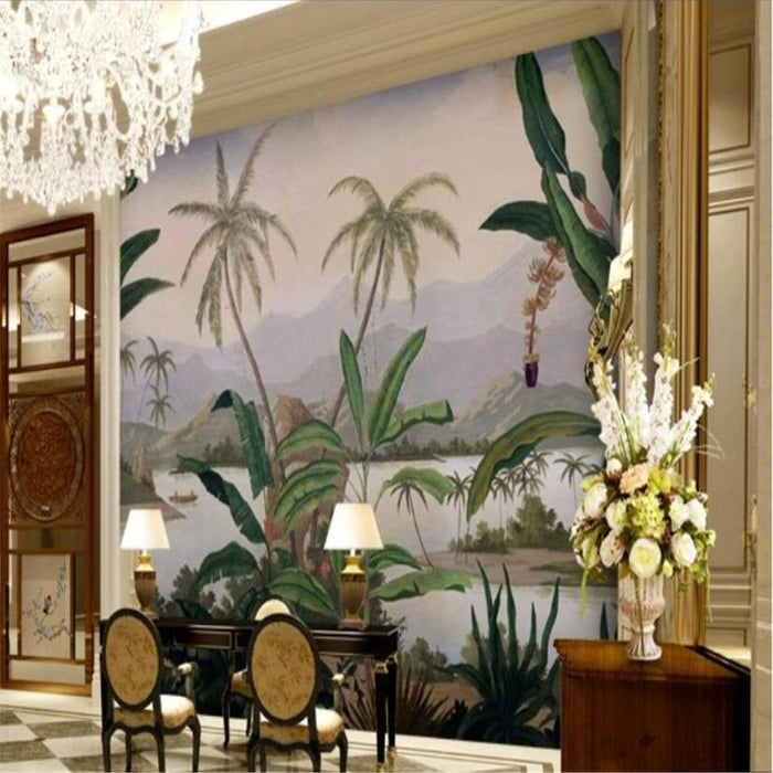 Retro Hand-Painted Tropical Landscape Wallpaper