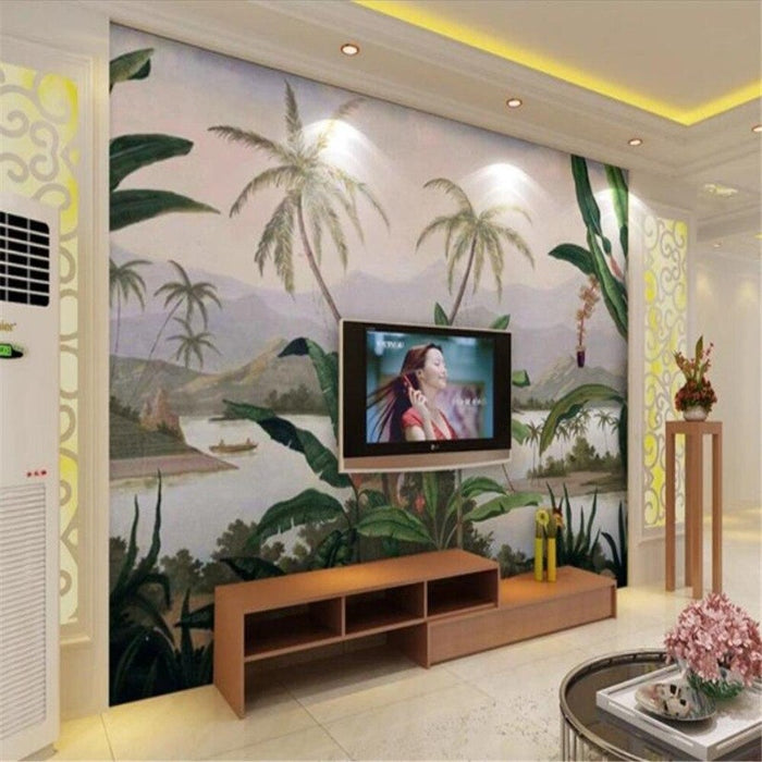 Retro Hand-Painted Tropical Landscape Wallpaper