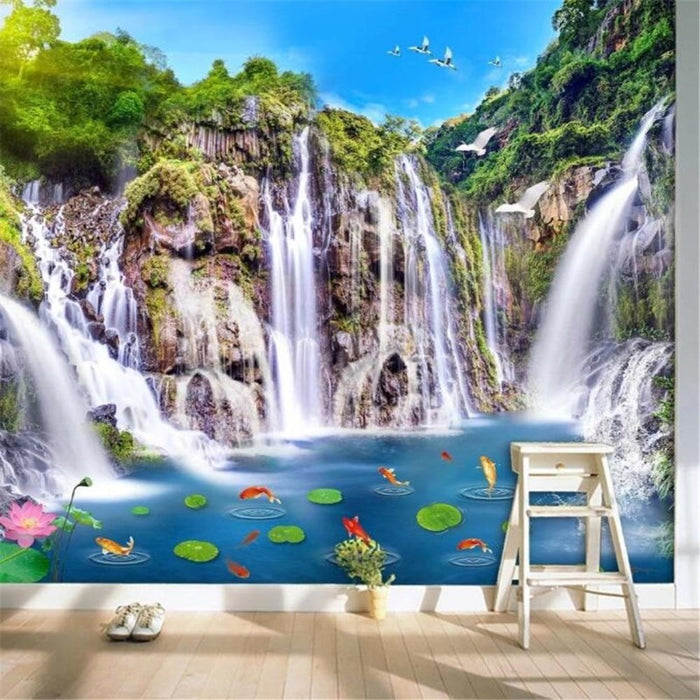 3D Waterfall Wooden Bridge Wallpaper