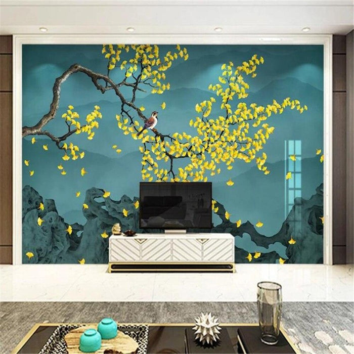 Chinese Ginkgo Hand-Painted Flowers Wallpaper