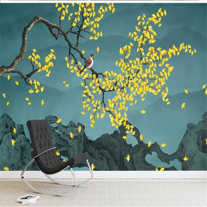 Chinese Ginkgo Hand-Painted Flowers Wallpaper