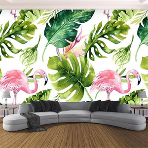 Watercolor Green Leaves with Flamingo Wallpaper